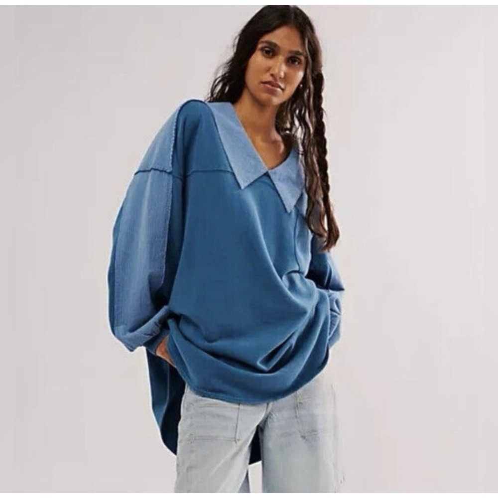 Free People Madeleine Sweatshirt In Moroccan Blue Combo - NWOT